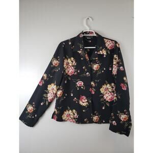 (F5) Vintage INTRIGUING THREADS Womens Blouse Size 12 Floral Long Sleeve Black